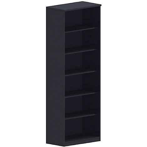 Dark blue bookcase with six shelves.