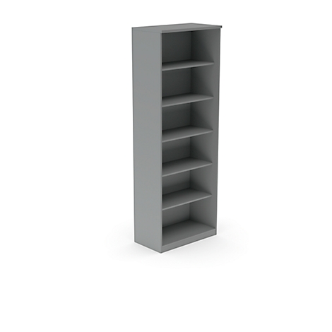 Gray, narrow bookshelf with six open shelves, on a white background.