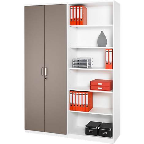 White cabinet with grey doors and open shelving filled with files, office supplies and a grey vase.