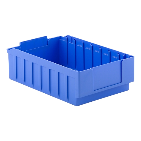 Blue plastic box with ribbed outside, empty.
