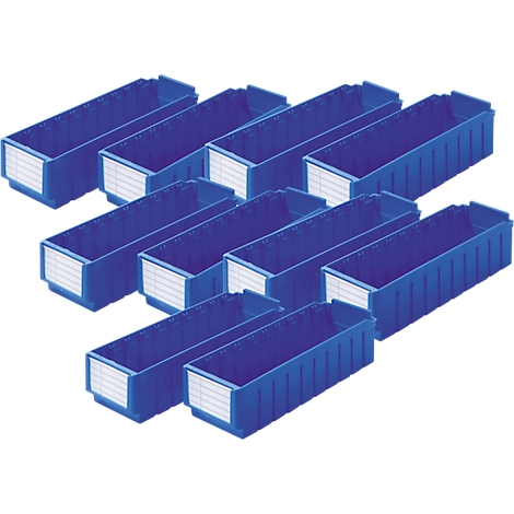 Eleven blue plastic containers are arranged against a white background. The containers are rectangular and have a white front.