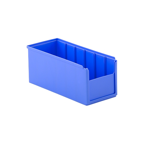 Blue, rectangular plastic bin with a ribbed back, open at the front.