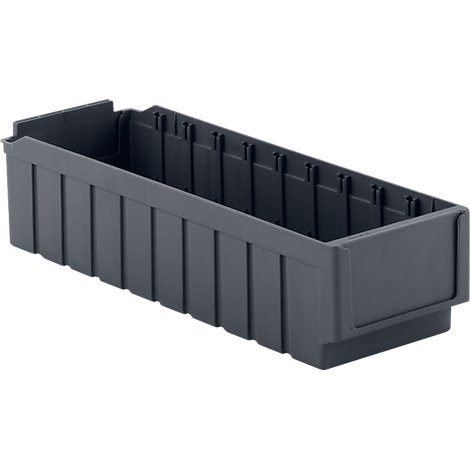 Dark gray rectangular storage box with ribbed sides and a series of slots for labeling.