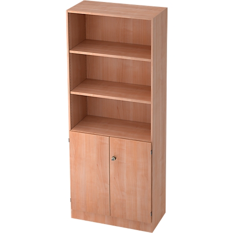 Beige wooden bookcase with open shelves and cabinet doors.
