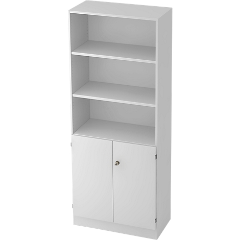 White bookshelf with open shelves and a cabinet with two doors.