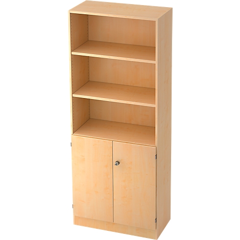 A light wooden bookcase, with open shelves above and cabinet doors below.