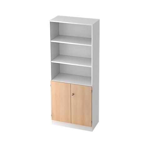 A white bookshelf with three open shelves and two light wood doors at the bottom.