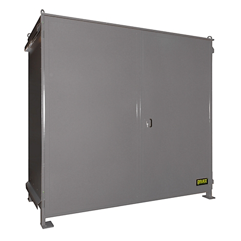Gray metal cabinet with door and handle, standing on feet. A logo is visible on the cabinet.