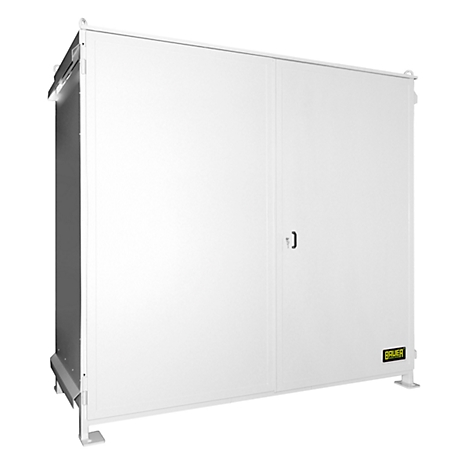 Large, white cabinet with double doors, handle and logo.