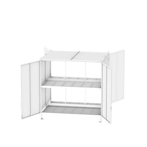 White mini greenhouse with two shelves and doors open.