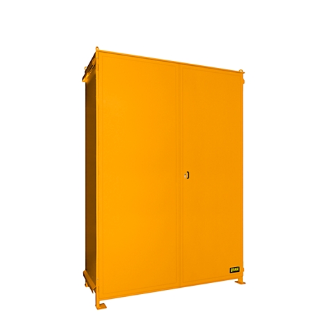 Yellow steel cabinet with two doors, one handle, on a white background.