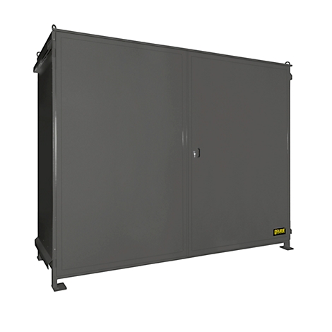 Grey metal cabinet with double doors and small logo on the bottom right.