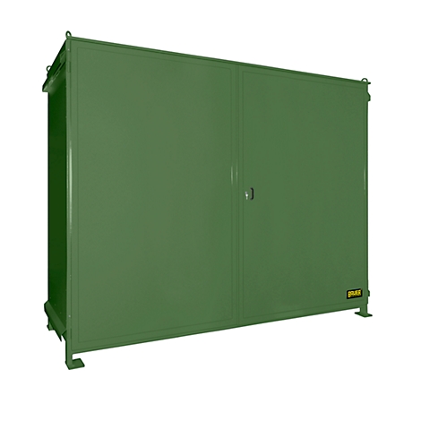 Green metal cabinet with double door and handle.