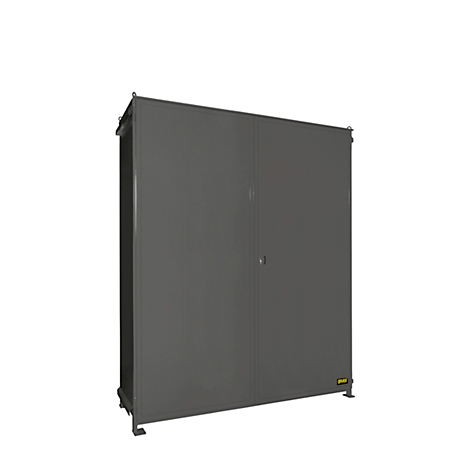 Gray cabinet with door and handle on a white background.