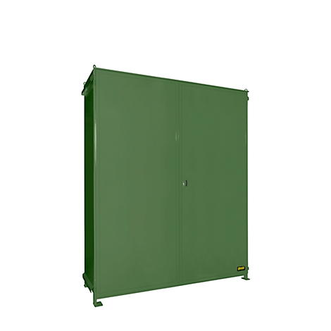 Green cabinet on a white background. The cabinet has a double door, a door handle and stands on metal feet.
