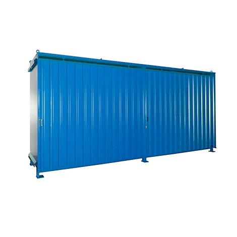 Blue shipping container against a white background. Featuring doors and a metal frame.