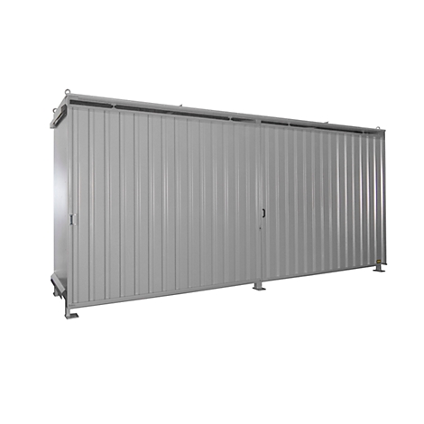 Grey, elongated metal box with vertical grooves, two doors and feet, against a white background.