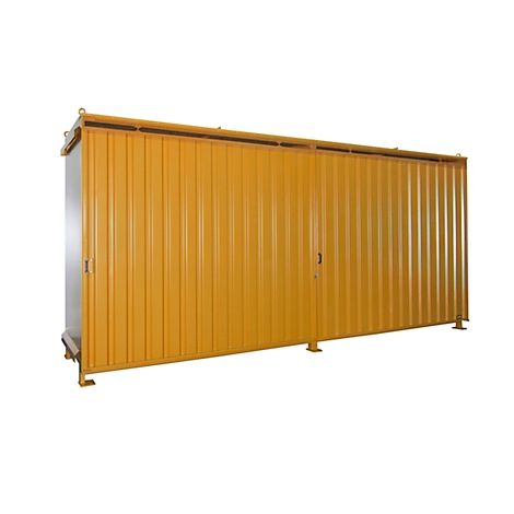Yellow-orange container with vertical grooves, small door handle, and upright feet.