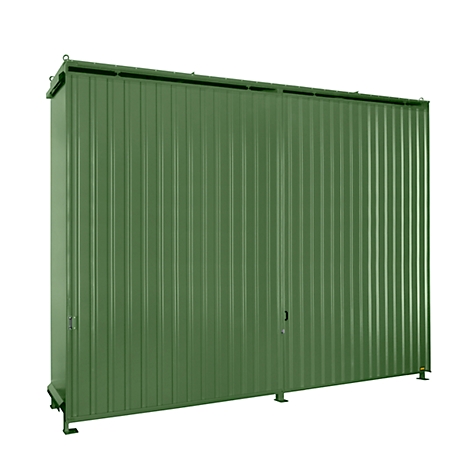 Green metal shed with vertical grooves and door.