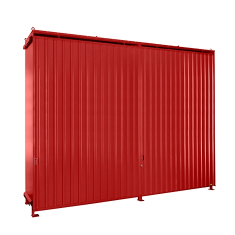 Large, red, corrugated metal box with doors and feet, against a white background.