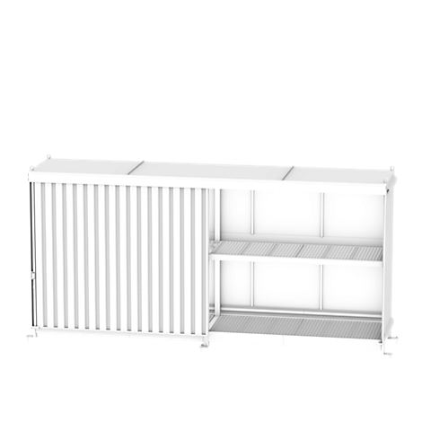 White open shelf with two shelves and a sliding vertical slatted door.