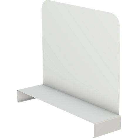 White desk shelf with raised back and rounded corners.