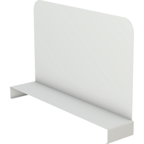 White rectangular shelf with rounded corners and a shelf.