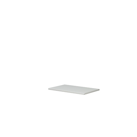 Grey, rectangular shelf on a white background.