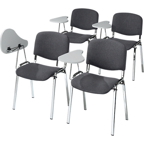 Several gray chairs with silver legs and shelves, empty.