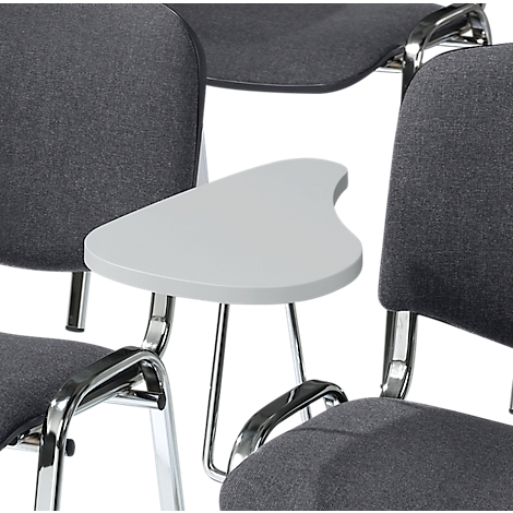 Gray chair with white writing tablet. Chrome elements and gray fabric upholstery.