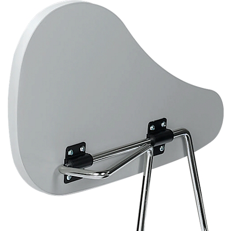 Rear view of a white chair with a gray seat, silver legs and black brackets.