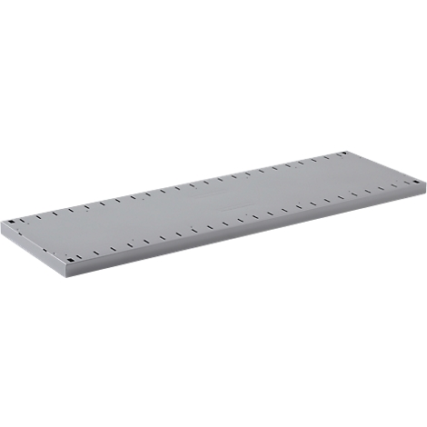 Gray rectangular plate with a series of holes on the sides. Perspective view.