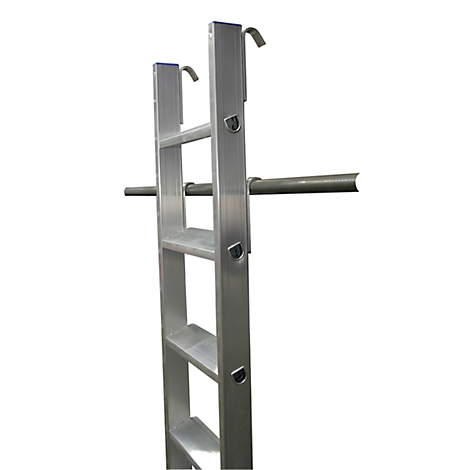 Silver ladder with hooks for hanging, against a white background.