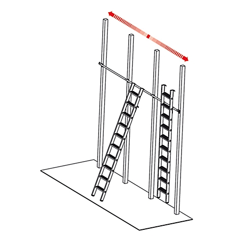 Ladder in front of a construction. Red arrow indicates direction. Detailed view.