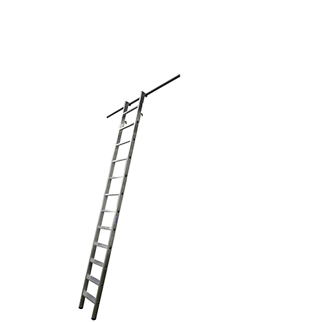 Gray ladder running diagonally upwards. It has rungs and a crossbar at the top.