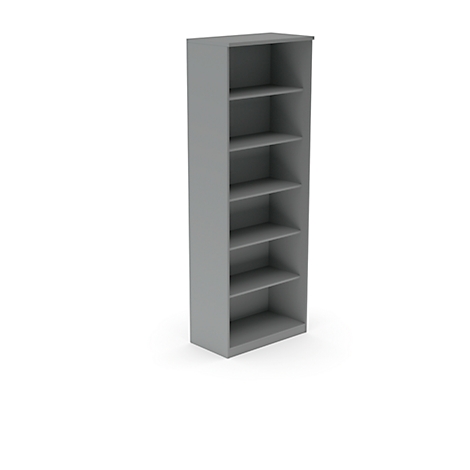 Grey, narrow cabinet with six shelves. On a white background.