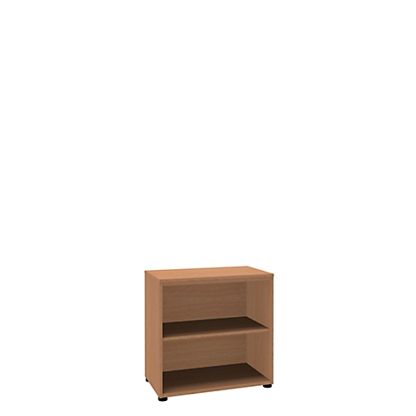 A small, brown office cabinet with two shelves.
