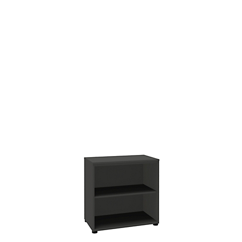Dark gray two-tier cube with open shelves. It stands on two small feet, against a white background.