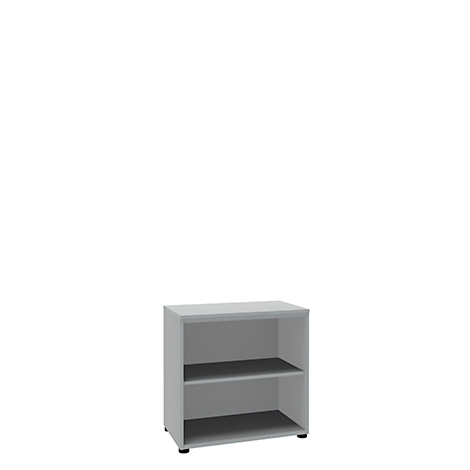 A grey, rectangular cabinet with two open compartments, against a white background.