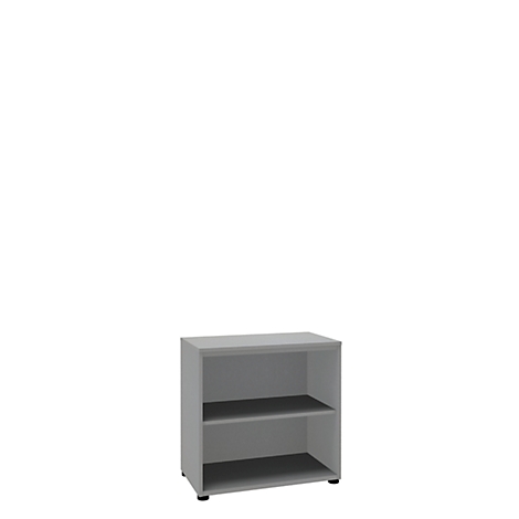 Gray, rectangular cabinet with two open shelves.