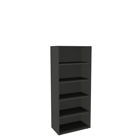 Grey bookshelf with six compartments on a white background.