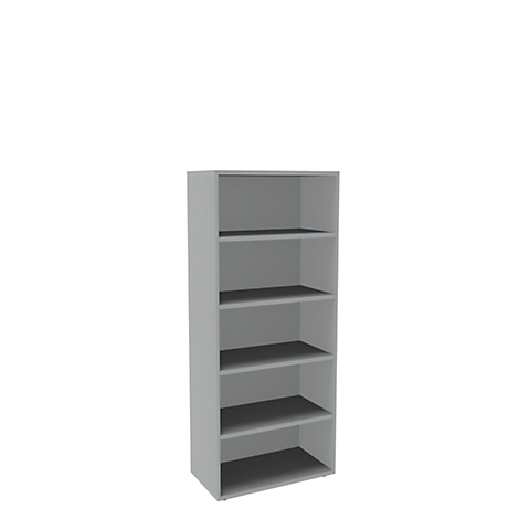 Gray, upright bookshelf with five compartments, against a white background.