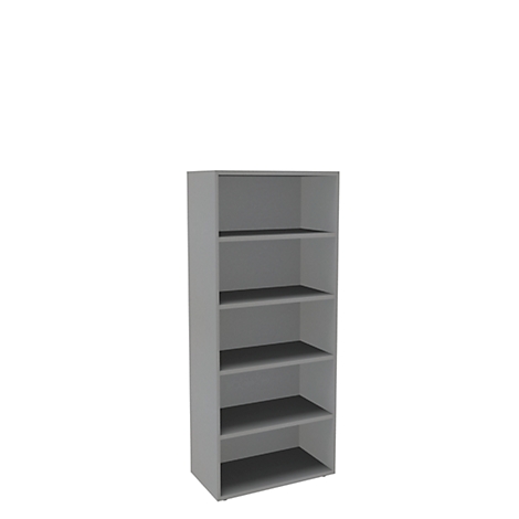 Gray bookcase with five shelves, set against a white background.