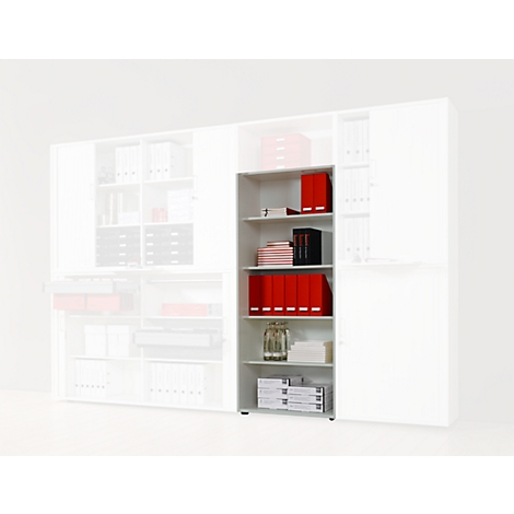 Gray shelving unit with red folders, books and files against a white background. Additional folders and files are in other shelving units.