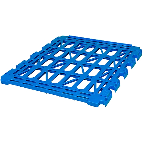 Blue plastic pallet base, open and rectangular. Geometric patterns with openings and struts.