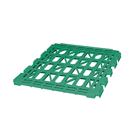 Green, rectangular plastic pallet with rectangular openings and supports. The pallet is slightly angled.