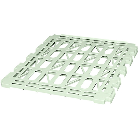 Light gray plastic pallet, with rectangular and angled openings.