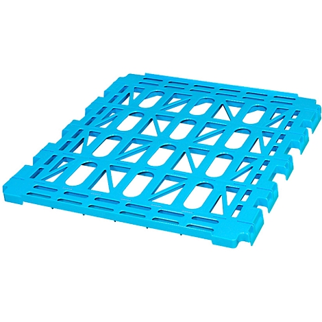 Blue, openwork plastic pallet, slightly angled from above.