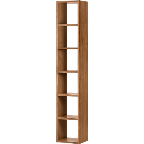 Narrow wooden bookshelf with six compartments, in light brown.