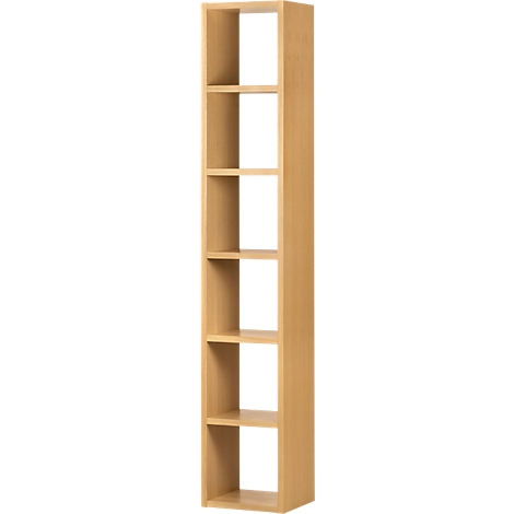 A tall, light wood cabinet with six open compartments. The wood grain is clearly visible.